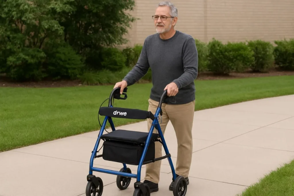 Older man walking with a Drive Medical 10257BL-1 4-Wheel Rollator Walker outdoors on a sidewalk.