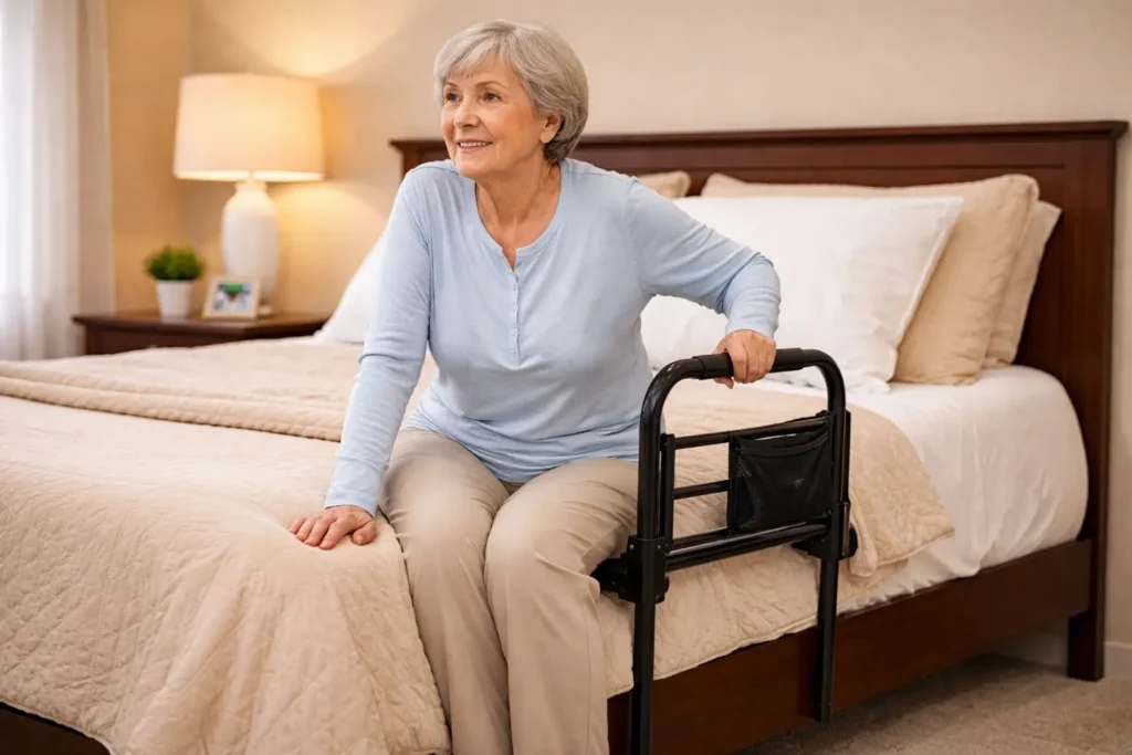 Senior woman using adjustable bed rail with fold-down design to get out of bed safely at home
