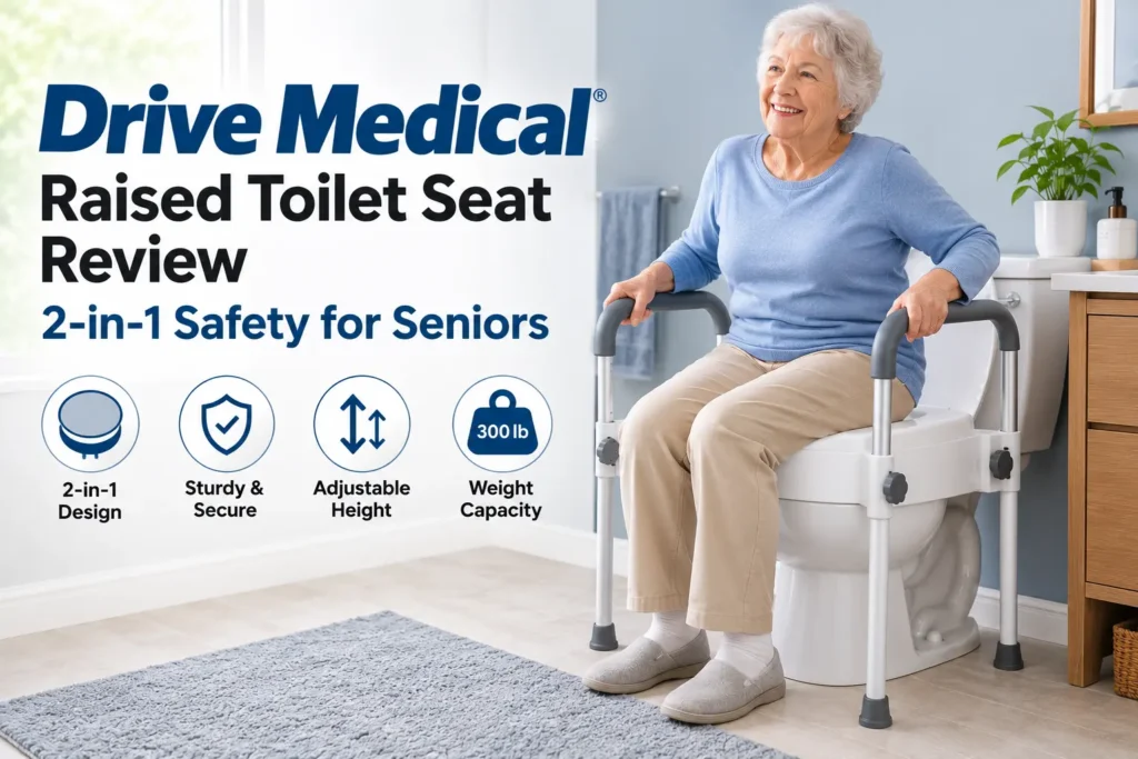 Drive Medical Raised Toilet Seat Review featuring a senior woman using a 2-in-1 raised toilet seat with safety rails, padded armrests, and sturdy support for bathroom safety.