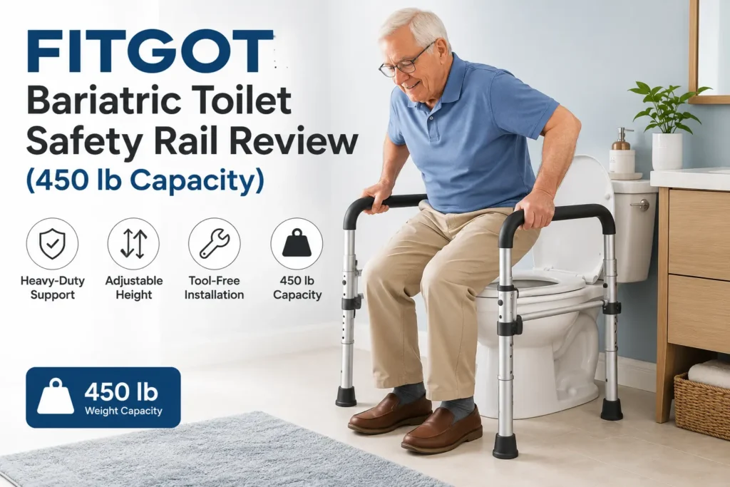 FITGOT Bariatric Toilet Safety Rail Review featuring heavy-duty toilet safety rails for seniors with 450 lb weight capacity, adjustable height, and sturdy support.